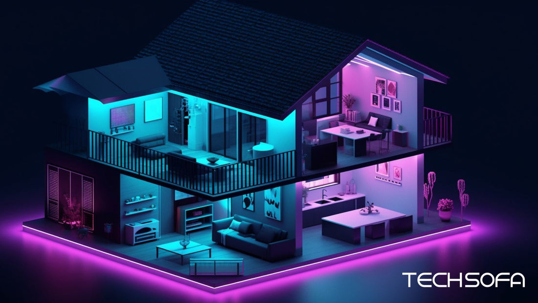 A modern house full of smart home gadgets, with blue and purple neon lighting.