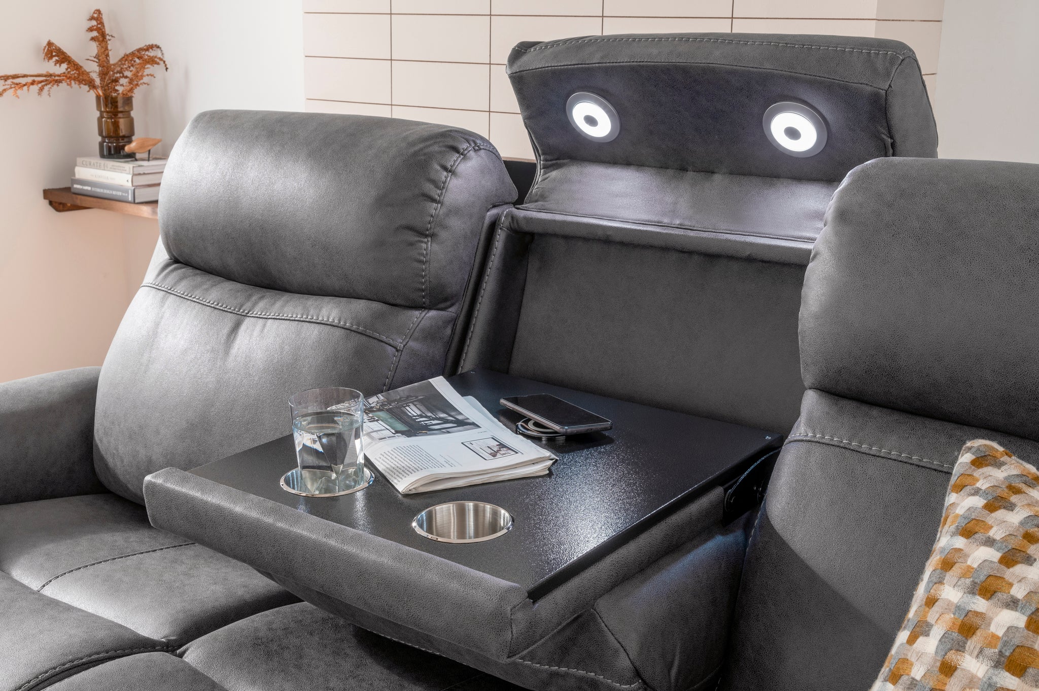 Grey reclining sofa 2024 with cup holders